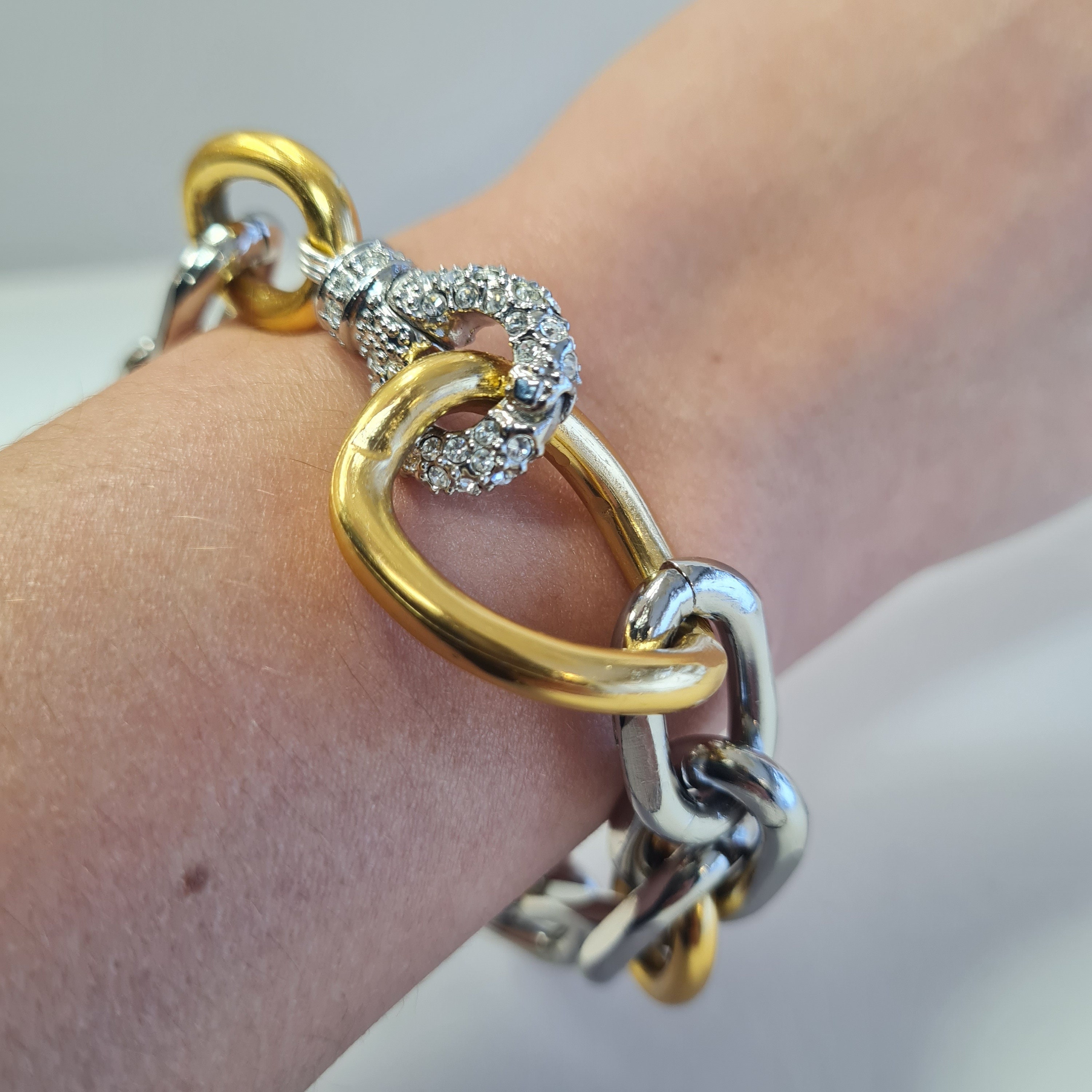 Two-tone Chunky Chain Necklace Bracelet Set, Pave Clasp, Statement 