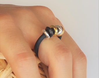 Silicone Wedding Band, Black Ring with Gold & Silver Metal Beads