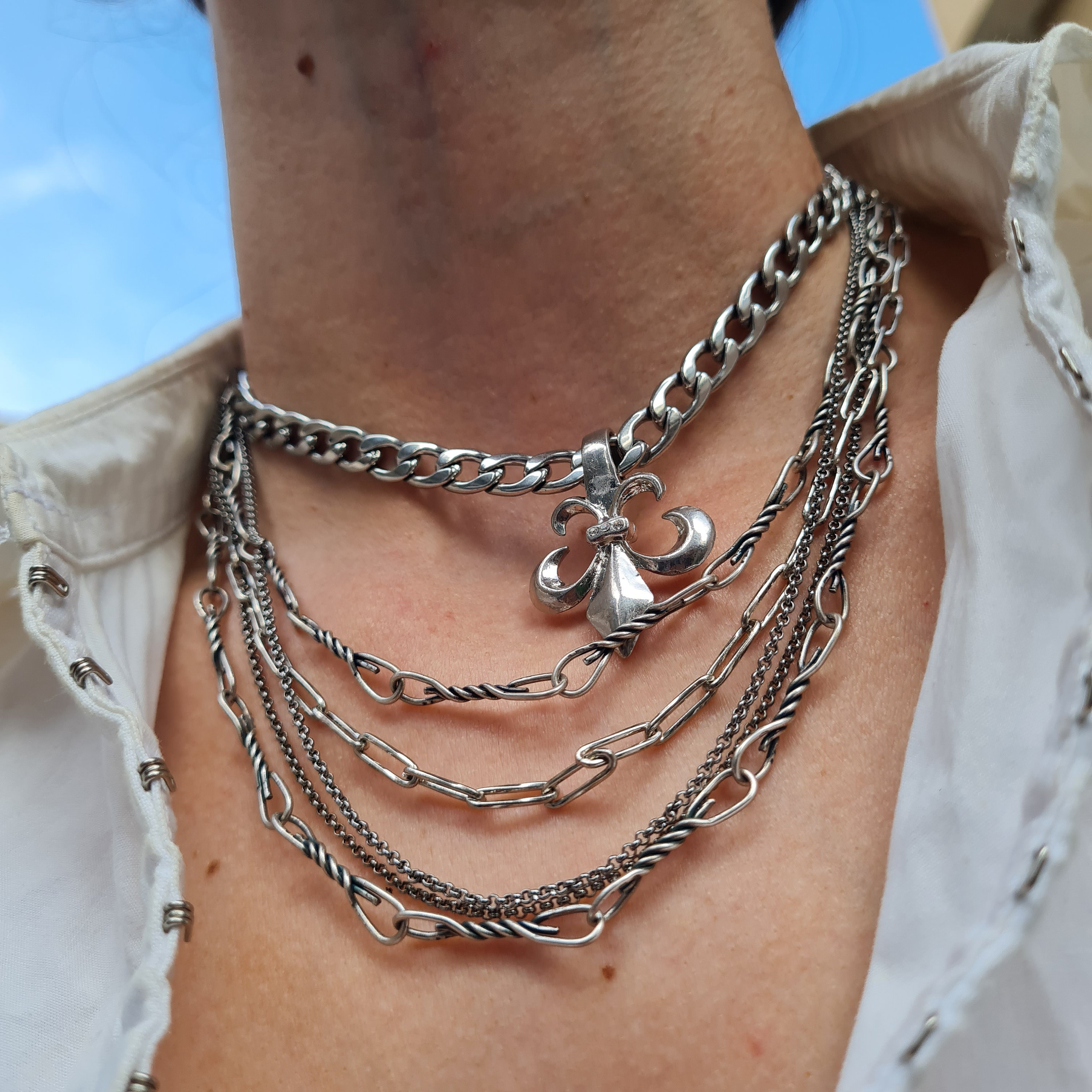Fleur De Lis Necklace, Multi Layer Silver Pendant Necklace