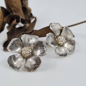 Vintage Floral Clip-On Earrings, Rhinestone Flower, Non Pierced