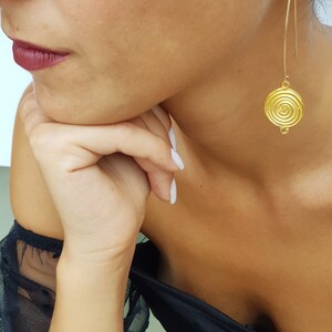 Gold Spiral Hoop Earrings, Long Delicate Minimalist Earring, Dangle Gold Earrings, Long Gold Circle Earrings for Women,