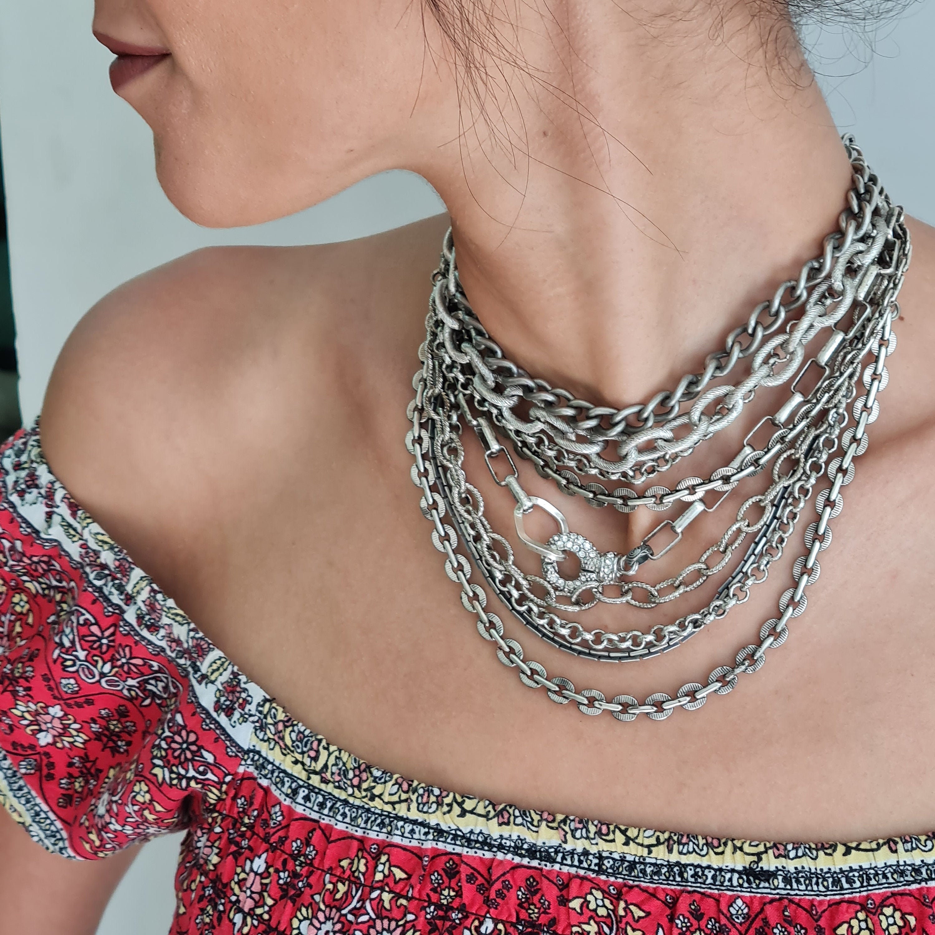 Chunky Silver Necklace Multi Silver Layered Chains Necklace Rock