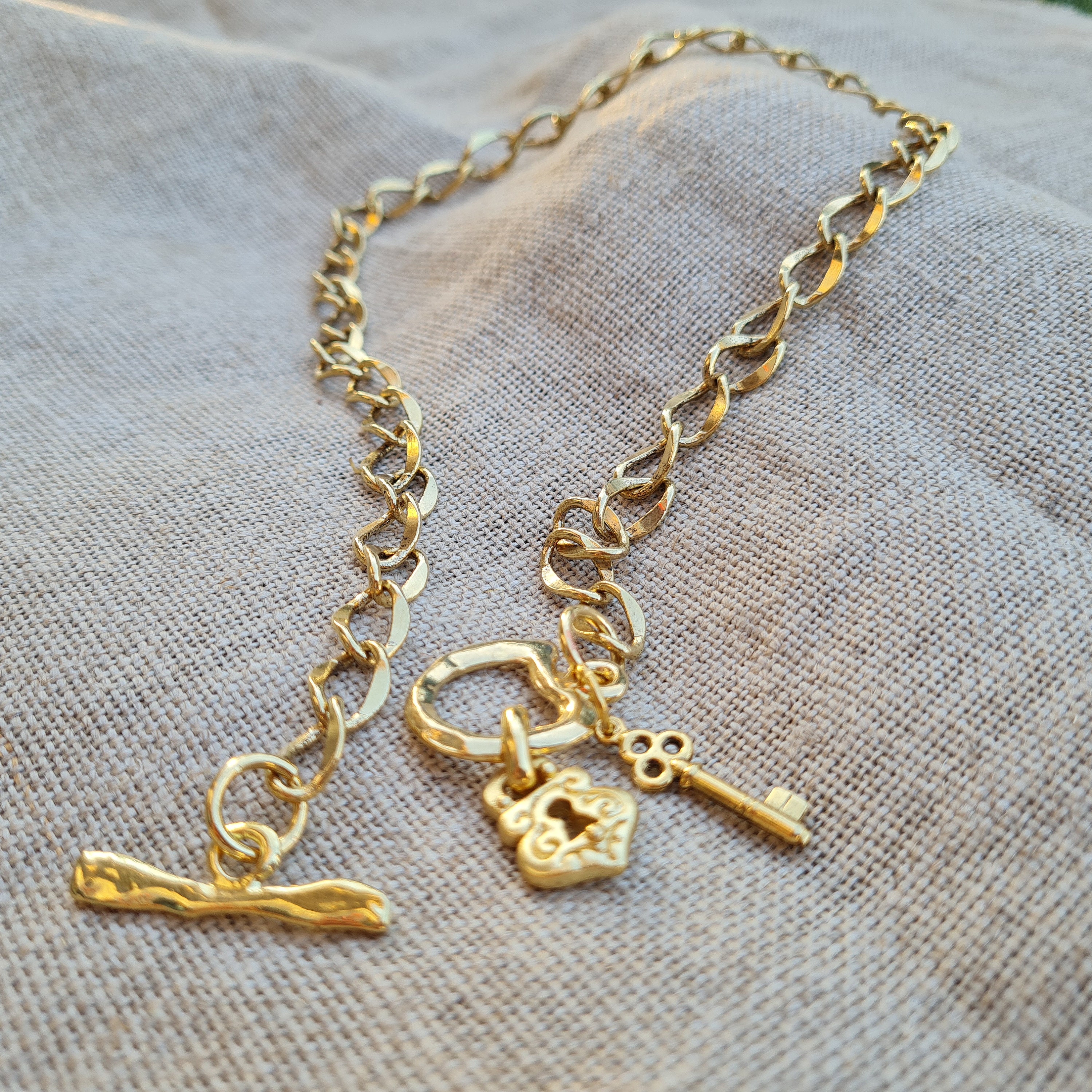 Gold Chain Lock and Key Necklace, Pearl Toggle Clasp, Statement Jewelry ...