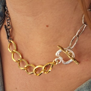 Mixed Metal Necklace, Chunky Silver Chain Necklace, Toggle Necklace, Statement Link Chain Necklace, Gold And Silver Link Chain Necklace