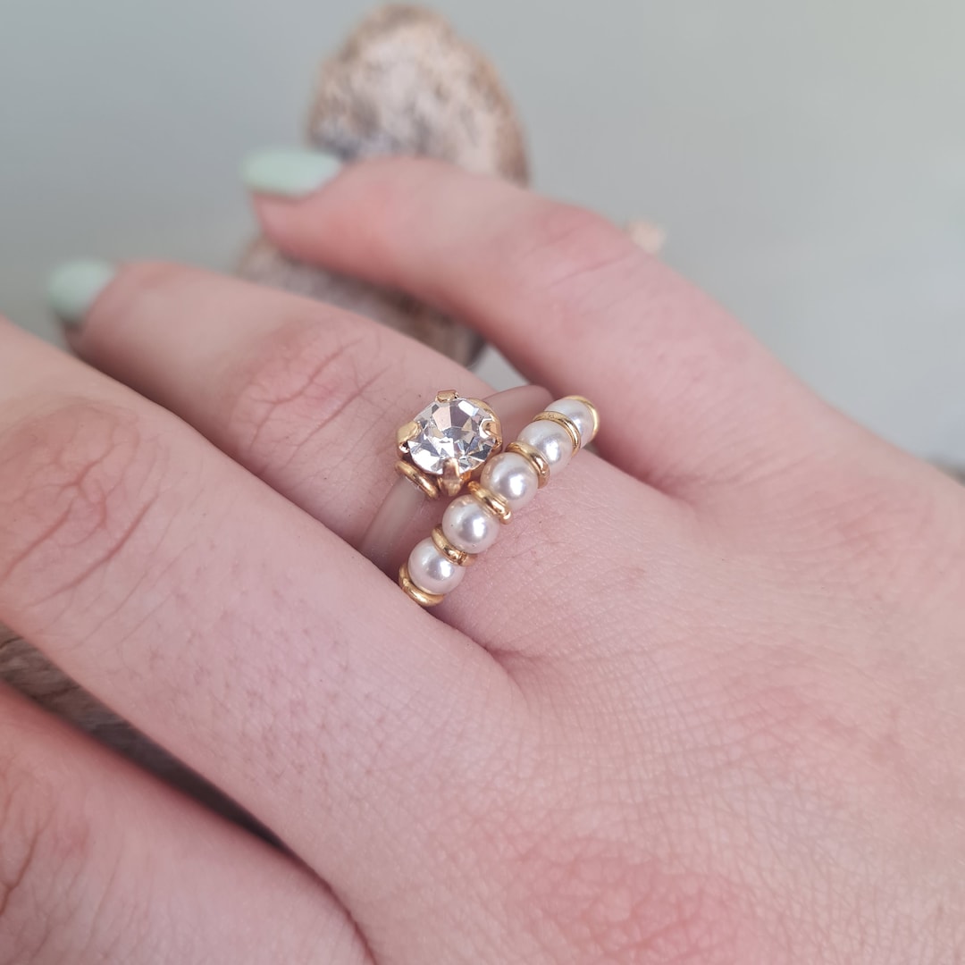 Silicone Wedding Ring Set, White Pearl, Swarovski Crystal, Minimalist ...