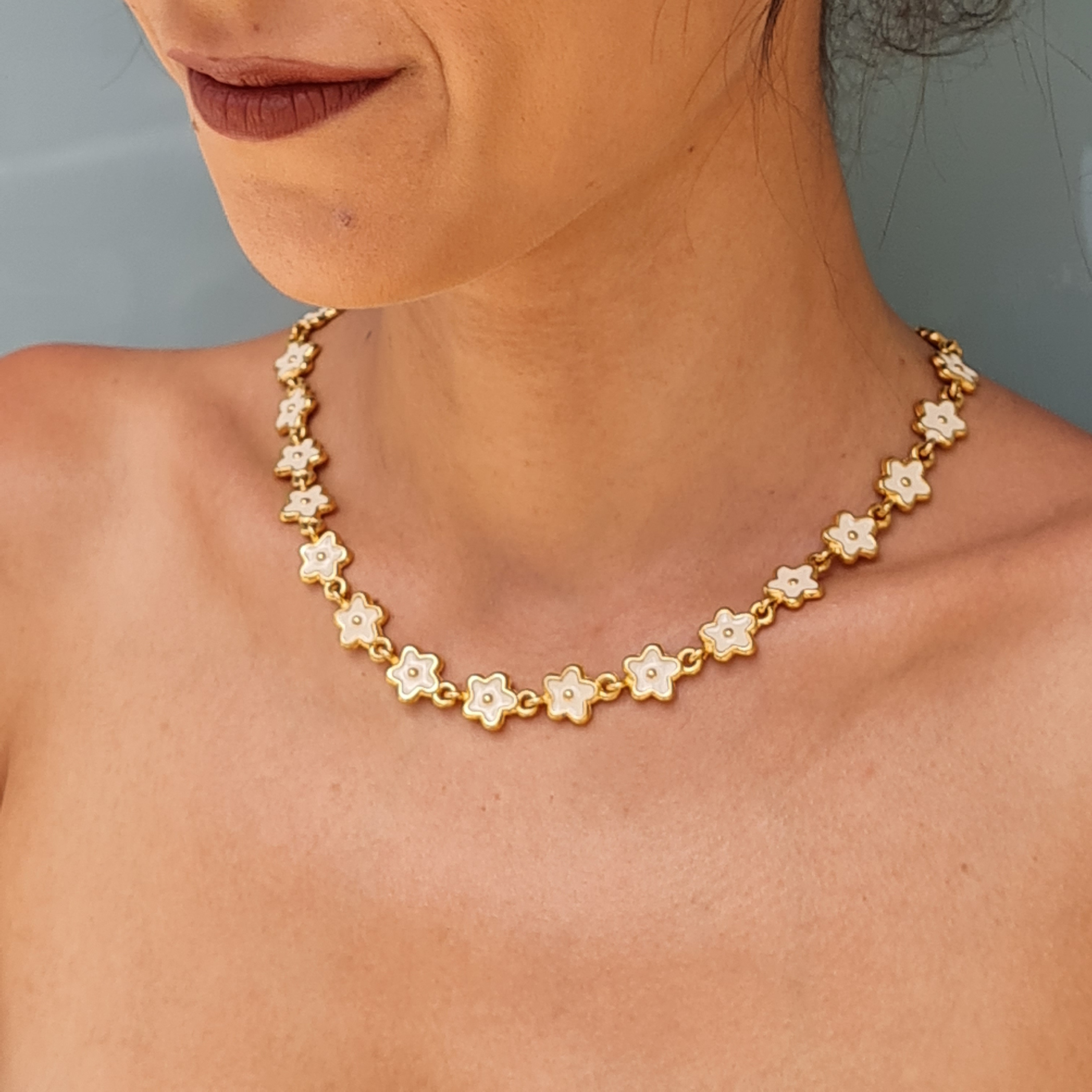 Flower Gold Necklace, Y2k Necklace, White Daisy Floral