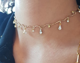 Choker Chain Gold  For Woman, Dainty Teardrop Choker Necklace, Gold Choker Necklace, Super Dainty Necklace, Layering Dainty Gold Choker,