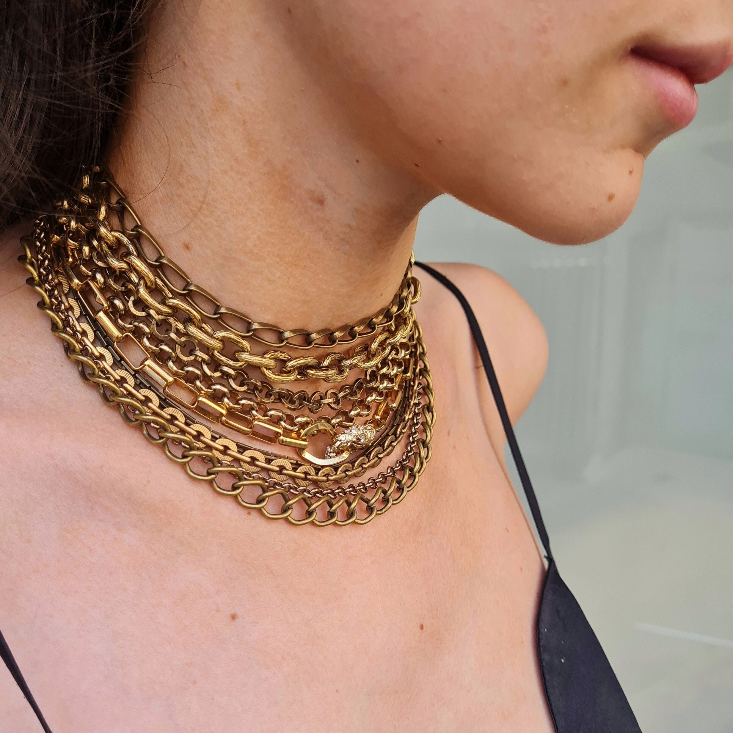 COOLSTEELANDBEYOND Grey Black Collar Necklace Waterfall Multi Strand Pendant