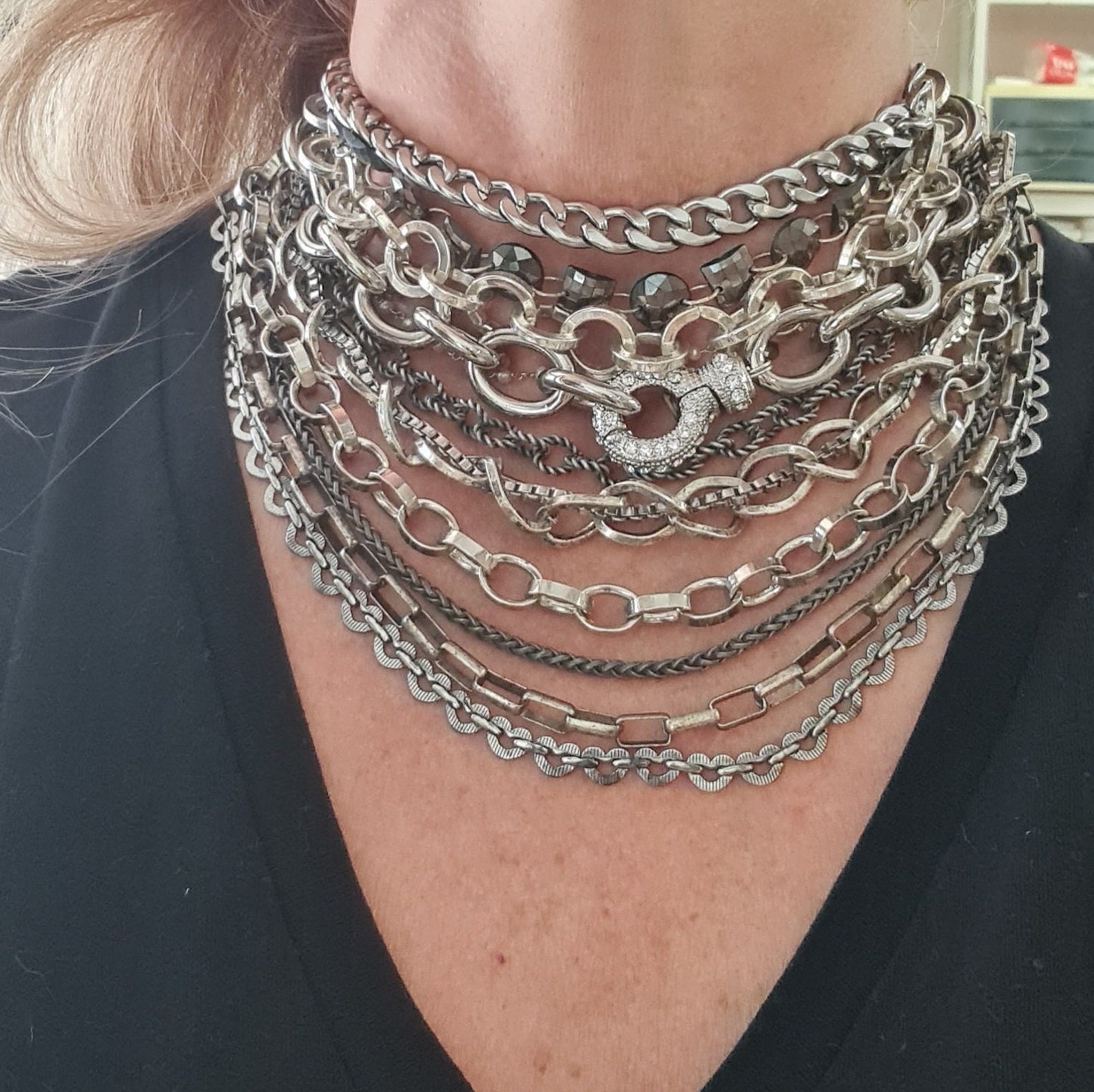 Chunky Oxidized Silver Statement Necklace, Multi Layered Chains ...
