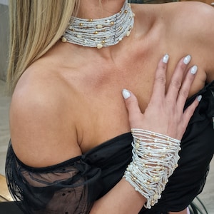 Vintage Beaded Pearl Set, Bridal Pearls Necklace & Bracelet, Multi Beaded Pearl Bracelet, Layered Strand Pearl Choker