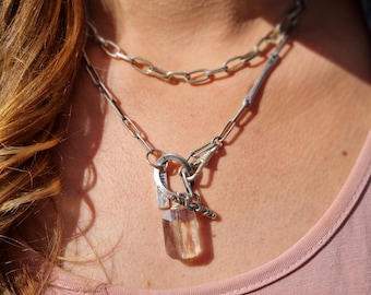 Vintage Crystal Pendant Necklace, Chunky Silver Chain Link, 1970s Glam