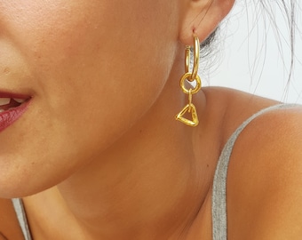 Gold Geometric Hoop Earrings, 24K Gold Plated Dangle Earrings, Triangle Charm Hoops, Minimalist Statement Jewelry, Modern Everyday Earrings