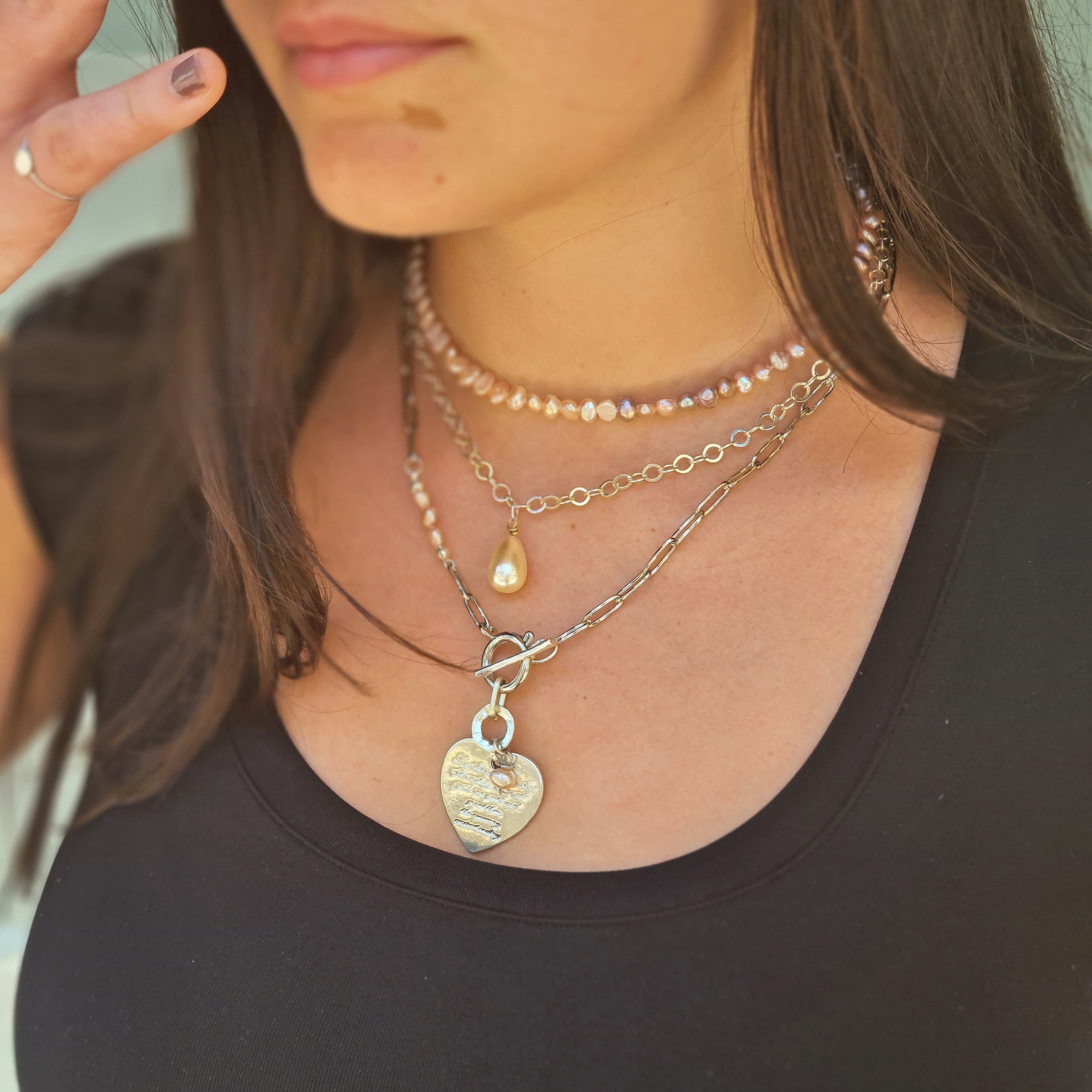 Heart Chunky Chain Necklace Set Layered Necklaces Pearl Etsy UK