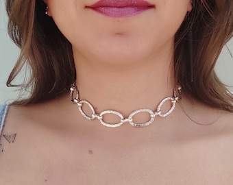 Chunky Silber Choker Halsband mit gehämmerten Gliederkette mit passenden Ohrringen