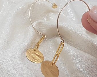 Gold-Filled Disc Dangle Hoop Earrings, Minimalist Boho Chain