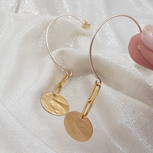 Long Chain Earrings, Minimalist Gold Earrings Dangle, 14K Gold-Fille Hoop Earrings, Simple Boho Hoops, Circle Dangle Earrings for Women,