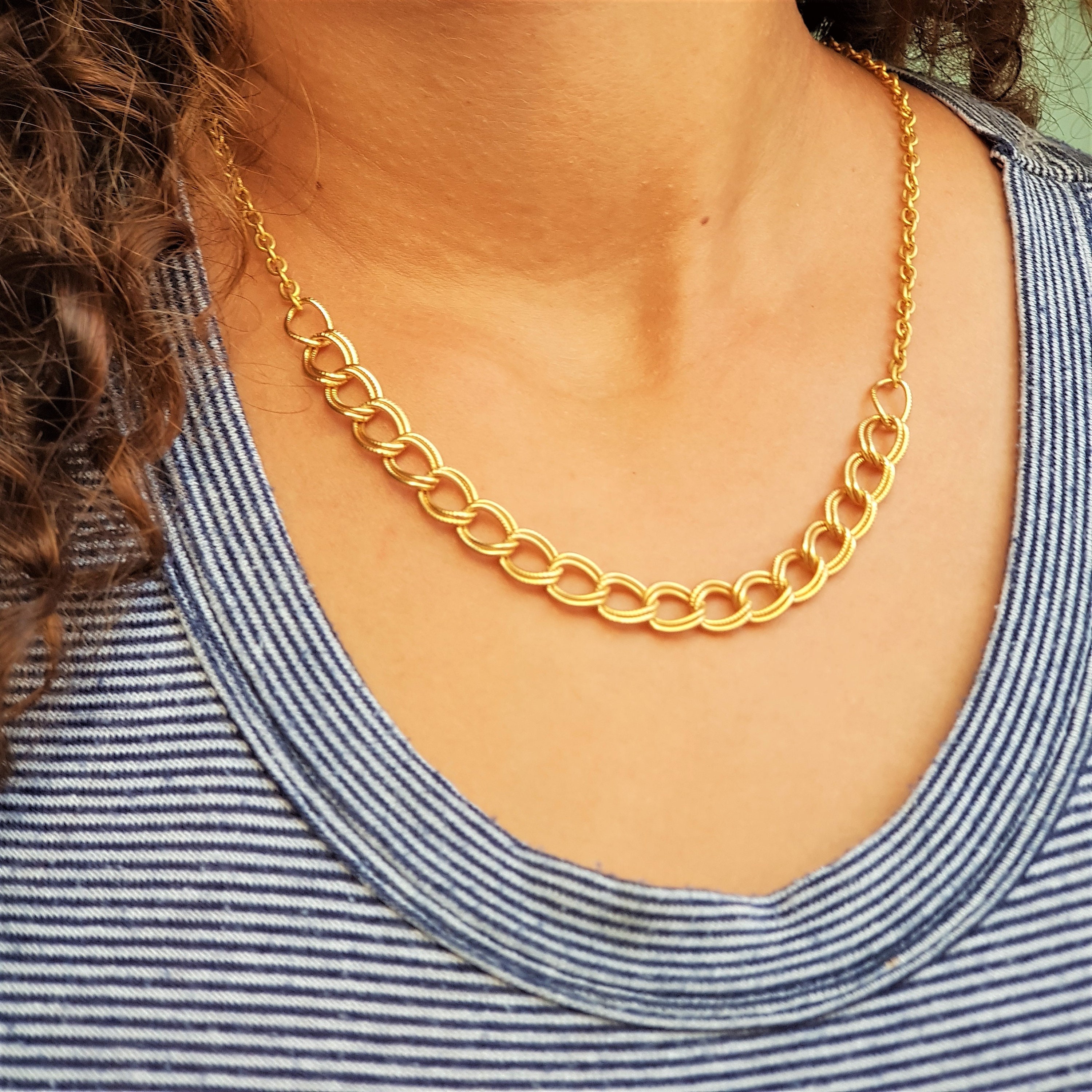 Vintage flat gold chain Necklace Double Gold Links Necklace | Etsy