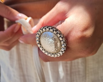 Oversized Pearl Ring, Chunky Silver Adjustable Ring