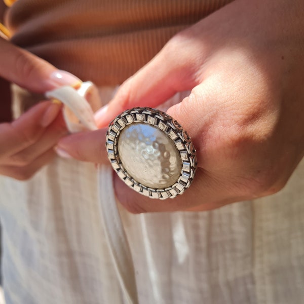 Big Pearl Ring, Oversized Stone Ring, Chunky Silver Pearl Ring, Handmade Natural Pearl Ring, Unique Modern Silver Ring