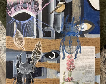 May include: Abstract mixed media artwork on canvas. The piece features painted eyes, a bird, and insect illustrations, with collaged botanical and text elements. The color palette includes blues, greys, and beige.