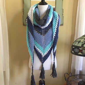 Hand Knit Cotton Triangle Shawl Blue - Calm Before The Storm