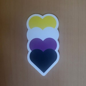 May include: A sticker featuring three stacked hearts in the colours of the non-binary pride flag: yellow, white, purple, and black.