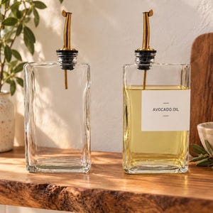 Può includere: Due dosatori per olio rettangolari in vetro trasparente con beccucci in metallo dorato. Una bottiglia è vuota, mentre l'altra è riempita con olio giallo chiaro e presenta un'etichetta bianca rettangolare con il testo AVOCADO OIL.