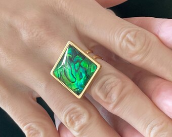 Square Cocktail Ring in Gold with Green Abalone, Oversized Green Ring, Green Statement Ring, Green and Gold Dress Ring
