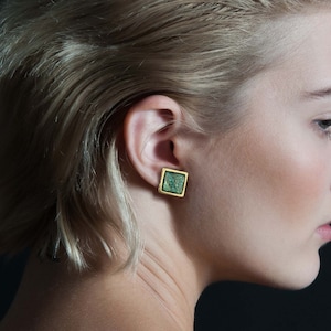 Teal Green Marble Square Stud Earrings, Gold or Silver