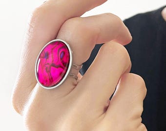 Oval Fuchsia Abalone Ring, Silver Cocktail Ring, Oversized Jewellery