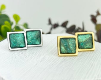 Teal Green Marble Square Stud Earrings, Green Square Earrings, Green and Gold Studs, Green and Silver Jewellery, Teal Green Accessories