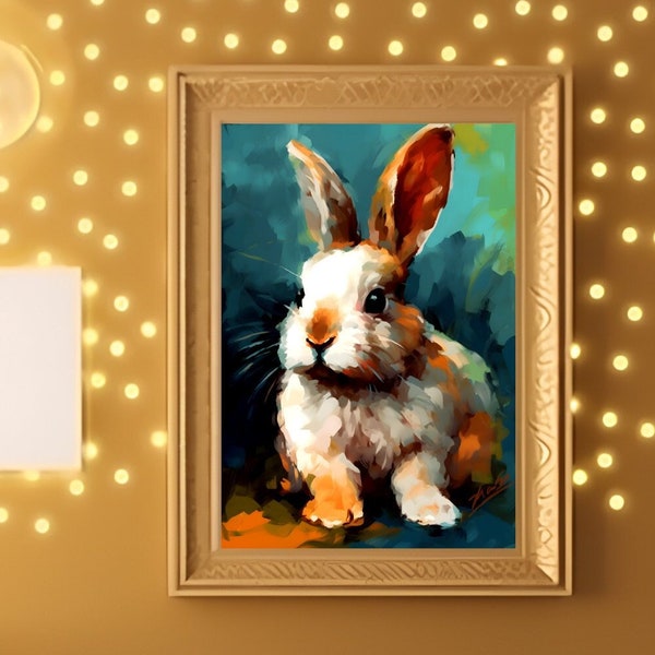 Playful Rabbit Impasto Oil Painting, Nursery Wall Art, Colorful Loose Style, Children Room Decor, Kids Room Decoration