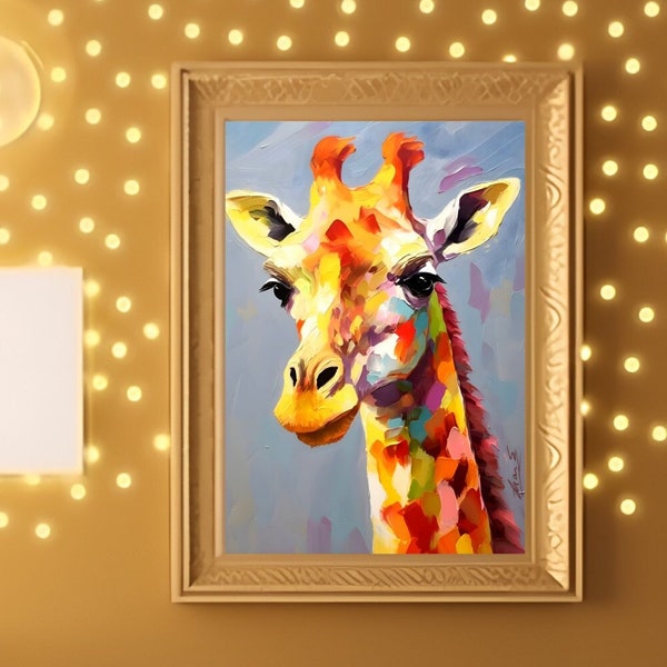 Whimsical Giraffe Nursery Wall Art, Kids Room Decor, Impasto Oil Painting, Colorful & Unique, Instant Digital Download