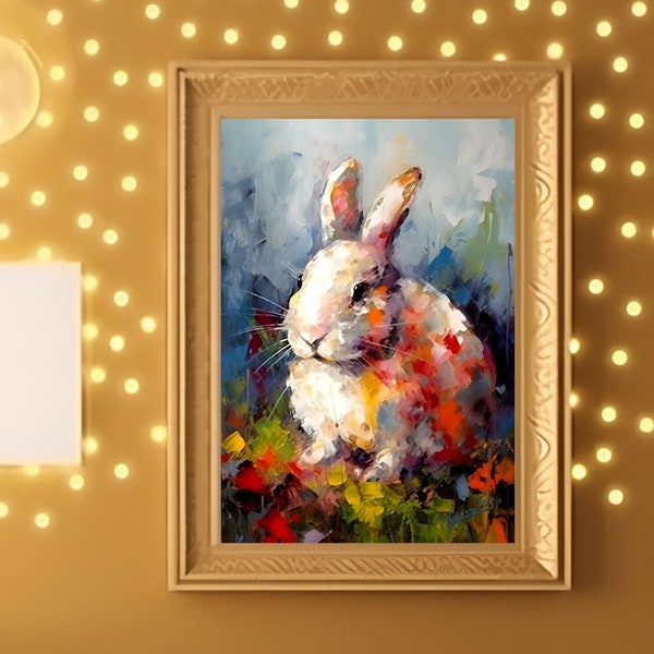 Nursery Wall Art, Rabbit Bunny Impasto Oil Painting, Colorful Loose Style, Children Room Decor, Kids Room Decoration