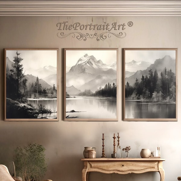 Triptych Mountain & Lake, Black and White, Calm Waters, Serene Landscape, Vintage Romantic Scenery, Digital Download