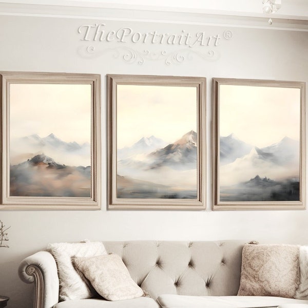 Foggy Mountain, Far View, Tryptic Art, Triptych Wall Decor, Dramatic Landscape Printable Art, Instant Digital Download