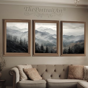 Hazy Landscapes Tryptic Wall Art, Vintage Mountain Triptych, Realistic but muted Color Palette, Whistlerian Atmosphere, Digital Download