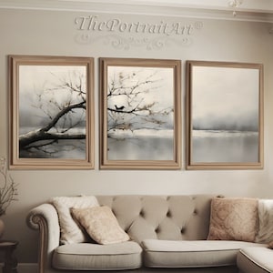 Minimalistic Tree Branch Over Lake, Vintage Oil Painting, Triptych Wall Decor, Printable Art for Home, Office, Studio Spaces