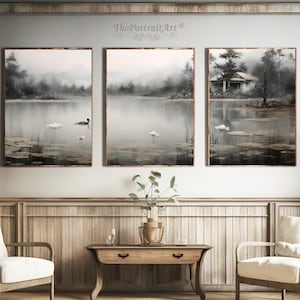 Lake and Forest Landscape, Vintage Painting, Triptych Wall Art, Tryptic Home Decor, Printable Art for Home and Office