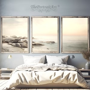 Triptych Wall Art, Seascape Painting, Subtle Colors, Realistic, Digital Download, Tryptic Wall Decor