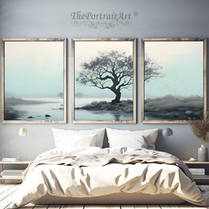Triptych Wall Decor, Tree Pond Land, Modern Minimalistic Art, Digital Download, Tryptic Wall Art