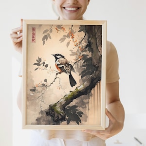 Asian Style Wall Art Digital Downloadable, Elegant Bird Fine Art Drawing Print in Traditional Asian Art Style, Digital Printable Home Decor