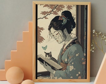 Japanese Ukiyo-e Cat Wall Decor Digital Downloadable, Woman Reading Cat Painting in Digital Printable Wall Art