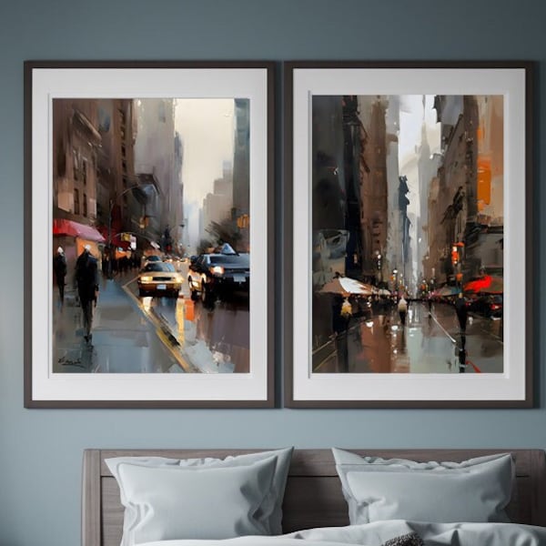NY Street Wall Art - Digital Download - Modern Impressionism Cityscape - Fine Art Print - Home Decor Charm (Pack of Two)