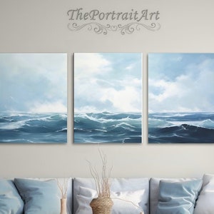 Soothing Ocean View Tryptic Wall Art, Triptych Home Decor, Printable Seascape Wall Decor, Instant Digital Download, Blue Ocean Art