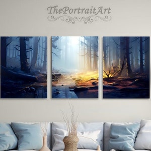 Misty Woods Triptych Wall Art, Tryptic Decor, Realistic Forest Scene, Instant Digital Download, Nature Landscape Art, Home Decor