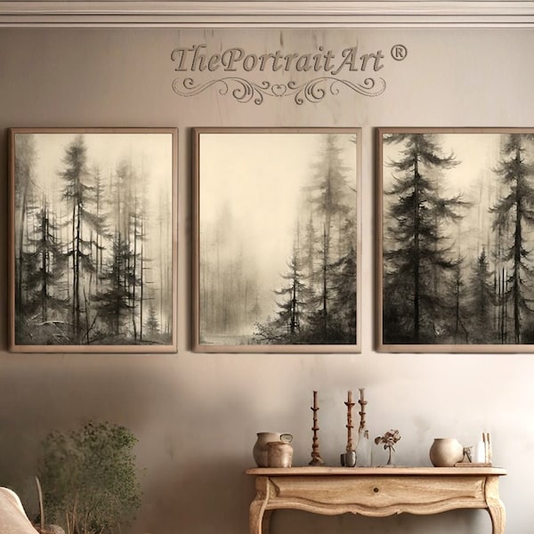Triptych Forest Scene vintage, Sepia Black and White Drawings, Dreamlike Atmosphere, Misty Tonalism, Norwegian Nature, Digital Download