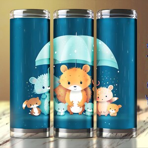 Cute Animals Under Umbrella, Cartoon Style, 20oz Skinny Tumbler Sublimation Design, Straight and Tapered Wrap, Tumbler Design