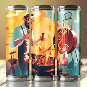 Father&#39;s Day Gift: Cute Cartoon Style, Father Teaches Child BBQ Grilling, 20oz Skinny Tumbler Wrap, Straight and Tapered Wrap