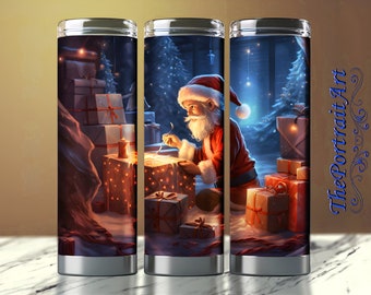 Santa Looking at Presents, Christmas Theme, 20 oz Skinny Tumbler Wrap, Tumbler Image, Straight and Tapered Wrap, Tumbler Sublimation Design